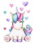 Cute sitting unicorn cartoon with hearts.