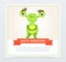 Cute skeptical funny green monster standing with folded hands, happy monsters banner cartoon vector element for website