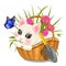 Cute sketch of poster with fluffy animated kitten sitting in wicker basket with pink clover and butterfly with blue