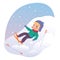 Cute skier boy skiing and falling, lying in snowdrift on mountain slope due to broken ski