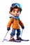 Cute Skiing Boy Dressed in Winter Clothes Cartoon Character