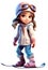 Cute Skiing Girl Dressed in Winter Clothes Cartoon Character