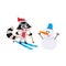 Cute skiing raccoon character and funny snowman