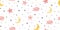 Cute sky kids seamless pattern Baby textile design with smiling sleeping moon hearts stars clouds.