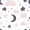 Cute sky seamless pattern in doddle style. Hand drawn night cloud sky wallpaper with smiling star, sleeping moon