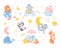 Cute sleeping animals. Cartoon sleep characters on moon and rainbow. Baby panda, rabbit on cloud and fox. Funny newborn