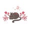 Cute sleeping cat with stars, moon and flower on the branches. Delicate flat illustration of dreaming pet with floral pattern