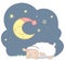 Cute Sleeping Kawaii Style Baby Sheep and Sleeping Crescent Moon With Blue Night Cap and Stars Night Scene Vector Illustration Iso