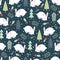 Cute sleeping rabbit in the winter forest seamless pattern