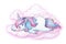 Cute sleeping unicorn cartoon in pink clouds.
