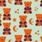 Cute sleepy kawaii bears, stars moon vector seamless pattern background. Neon orange, indigo blue backdrop with teddy
