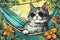 Cute sleepy kitten character lies in a hammock wearing sunglasses.Generative AI illustration. drawn in a flat style.