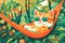 Cute sleepy kitten character lies in a hammock wearing sunglasses.Generative AI illustration. drawn in a flat style.