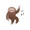 Cute sleepy sloth with closed eyes relaxing and listening to music - adorable jungle animal with musical note.