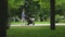 Cute slim mother with stroller walks with her infant daughter among green trees in pictorial city park