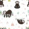 Cute sloth on the branch seamless pattern