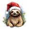 Cute sloth in Christmas hat animal watercolor illustration