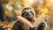 Cute sloth in glasses reads a book on blurred natural background with space for text