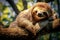 Cute sloth hanging on tree branch with funny face look, wild animal. Generative ai