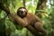 Cute sloth lying on tree in forest and looking at camera. Generative AI