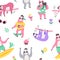 Cute sloth seamless pattern. Cartoon animals characters, different activities, poses and sweets, lazy slow creatures
