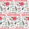 Cute Sloth seamless pattern, winter cozy background. Doodle lazy sloth bear sleeping with ugly sweater, christmas tree.