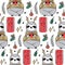 Cute Sloth seamless pattern, winter cozy background. Doodle lazy sloth bear with ugly sweater, cup of coffee.