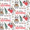 Cute Sloth seamless pattern, winter cozy background. Doodle lazy sloth bear with ugly sweater, cup of coffee.