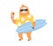 Cute sloth surfer in sunglasses holding surfboard and icecream. Happy animal in clothes on summer holiday. Funny lazy