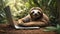 Cute sloth working on a laptop in the forest. Generative Ai.