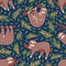 Cute sloths on branch seamless pattern for nursery wallpaper. Baby sloth animal with mother. Funny lazy animals textile