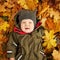 Cute Small Baby on Autumn Leaves. Happy Little Child