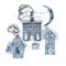 Cute small blue houses in town or village illustration set. Cartoon various houses facade collection, colorful cute