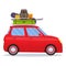 Cute small car with ski and snowboard, backpack and suitcase on the roof. Vector illustration, isolated on white.