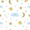 Cute small colorful vibrant flowers patternSmiling cloud, moon, sleeping stars seamless pattern