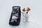 cute small dog with his travel bag ready to get on board the airplane at the airport. Pet in cabin. Traveling with dogs concept