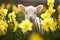 Cute small Easter lamb between yellow Daffodil spring flowers