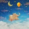 Cute small elephant flying at colourful air balloon in the sky