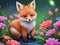 cute small fox cub in a colorful flower garden