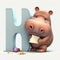 Cute small hippo in cartoon style standing near big letter H on white background. children alphabet. AI generative