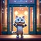 Cute Small Kitten Waving and Smiling: Greeting in Front of Theater Door (Unreal Engine Cozy