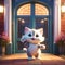 Cute Small Kitten Waving and Smiling: Greeting in Front of Theater Door (Unreal Engine Cozy