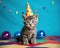 cute small kitten wearing a party hat.