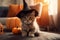 Cute small kitty wearing a witch hat for Halloween at home. Generative AI