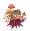 Cute small mouse on forest stump, mushrooms, berries, wild plants. Fall illustration with rodent animal. Autumn woodland