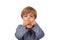 Cute small preschooler boy forming a heart shape from hearing aids