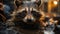 Cute small raccoon sitting outdoors, looking at camera generated by AI