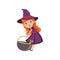 Cute small red-haired girl witch dragging cauldron with green potion. Trick or Treat Halloween costume. Vector flat