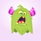 Cute small scared cartoon monster. Satisfied green monster emotion. Halloween vector illustration.