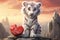 Cute small white cartoon tiger with red heart sitting on a rock